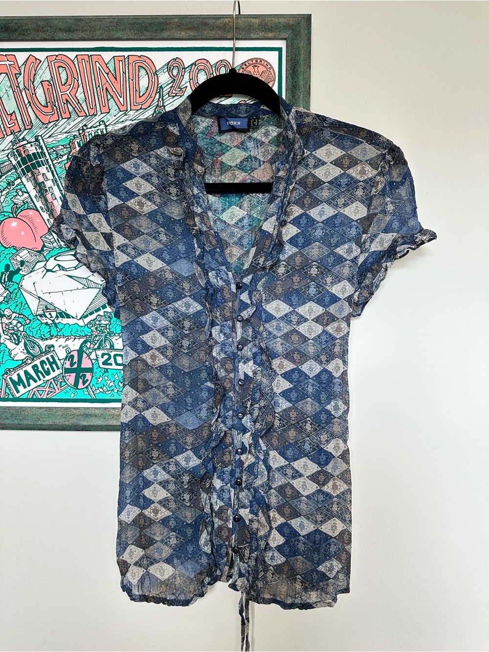 Mexx Blue Geometric Print Ruffle Blouse V-Neck Button Up Women’s Size S - EU 36